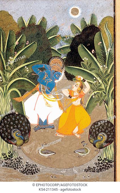 Radha and Krishna dancing. Bundi, Rajasthan, India. Dated: 1750 A.D. Original size: 19 x 12cm