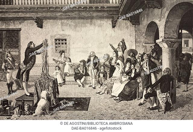 A magic show in 1800, engraving based on a painting by Joaquin Agrasot (1836-1919), illustration from La Ilustracion Espanola y Americana magazine, Year 19