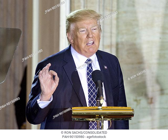 United States President Donald J. Trump makes remarks at the National Commemoration of the Days of Remembrance ceremony in the Rotunda of the US Capitol in...