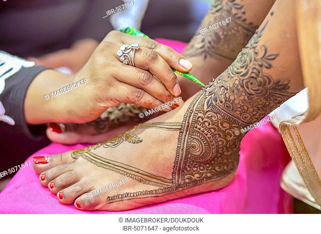 Close up of mehendi on foot of a bride, Mauritius, Africa