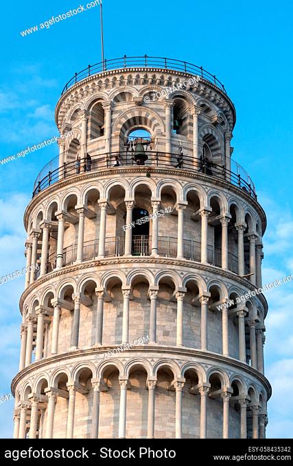 PISA, TUSCANY/ITALY - APRIL 17 : Exterior view of the Leaning Tower of Pisa Tuscany Italy on April 17, 2019. Unidentified people