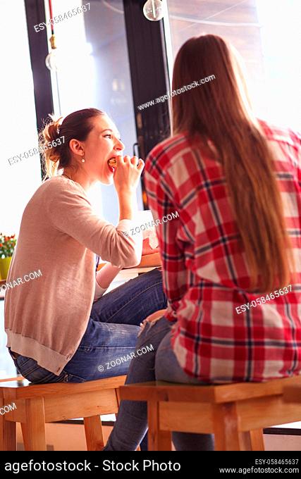 Toned image of beautiful ladies sitting in cafe or restaurant. Back view of girls eating sandwiches or hamburgers