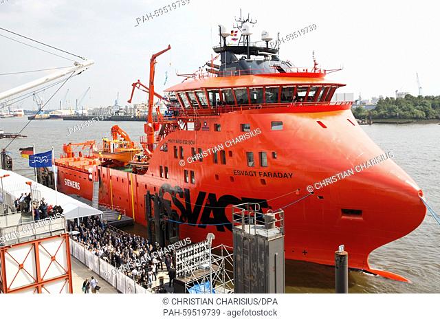 The new service ship 'Esvagt Faraday' for offshore wind farms in the North Sea is christened at the port of Hamburg, Germany, 25 June 2015