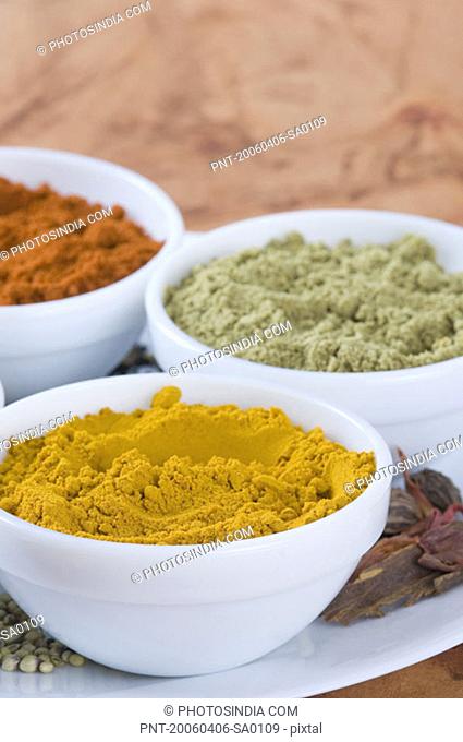 Close-up of spices in three bowls