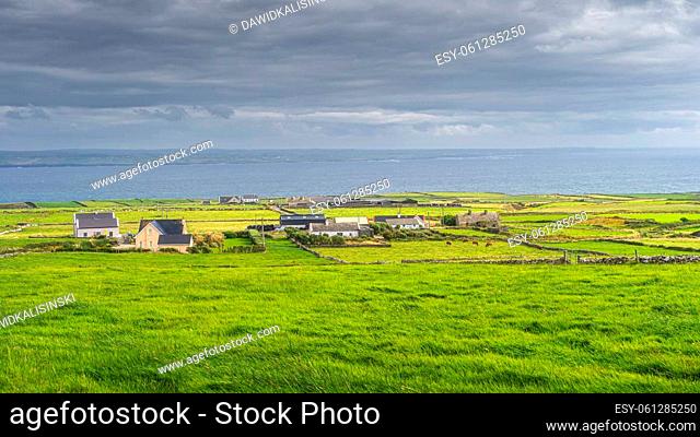 Fields with cattle, divided by stone walls surrounding small village on the edge of Cliffs of Moher, Wild Atlantic Way, County Clare, UNESCO, Ireland