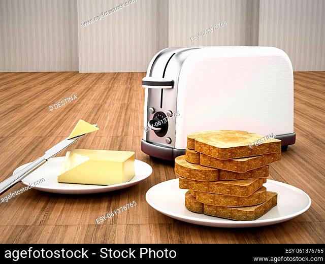 Butter and knife beside toaster and grilled bread. 3D illustration