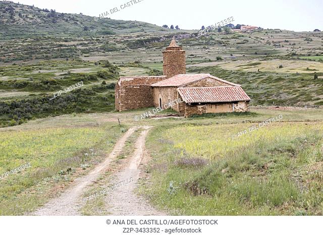 Santa Isabel old chapel in Gudar mountains Teruel in summer, Aragon, Spain