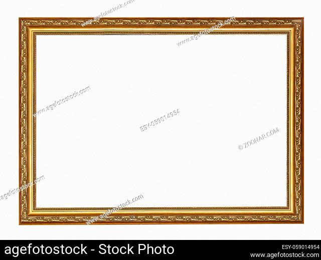 empty narrow golden carved wooden picture frame with cut out canvas isolated on white background