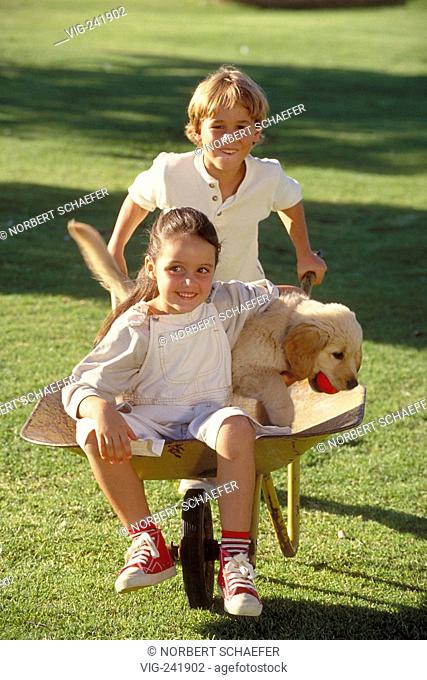 outdoor, park-scene, blond boy pushes a girl sitting in a wheel-barrow with a labrador puppy in her arm over a meadow  - GERMANY, 21/08/2004