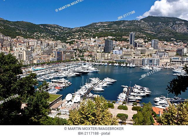 Overlooking the harbour of Monaco, Port Hercule, Monte Carlo, Principality of Monaco, Côte d'Azur, Mediterranean Sea, Europe, PublicGround