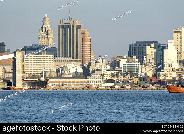 industrial zone of the bay of Montevideo, with boats and factories