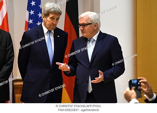 John F. Kerry (L), US Secretary of State, and Frank-Walter Steinmeier, German Minister for Foreign Affairs (R), talk together prior the Libya meeting on the...