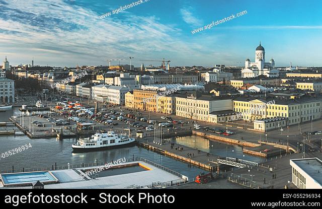 Helsinki, Finland. Panoramic Aerial View Of Market Square, Street With Presidential Palace And Helsinki Cathedral