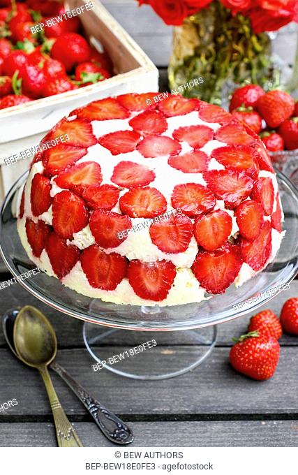 Strawberry cake on cake stand. Summer party dessert