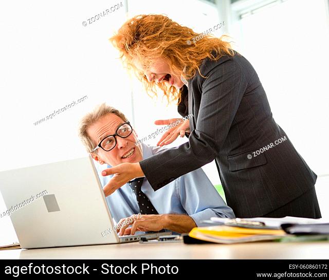 Mobbing, stress, work, scandal concepts. Business people have conflict working problem. Angry boss expressing negative emotions to her worker in office