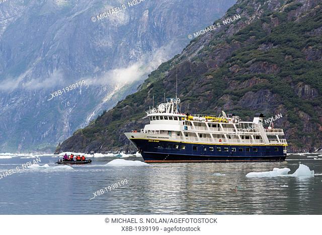 The Lindblad Expeditions ship National Geographic Sea Bird running Zodiac operations in Tracy Arm, Southeast Alaska, USA