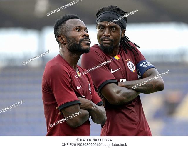 L-R Sparta's Guelor Kanga and Costa celebrate the second goal in qualifier match for football European League: AC Sparta Praha vs Trabzonspor in Prague