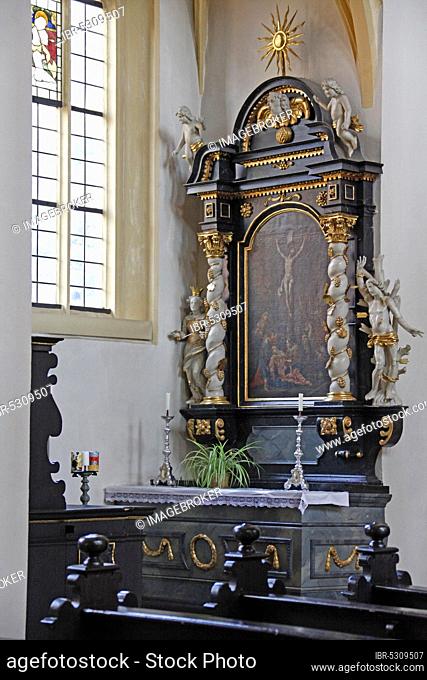 Left side altar, crucifixion scene, St. Vitus Church, Iphofen, Lower Franconia, Bavaria, Germany, Europe