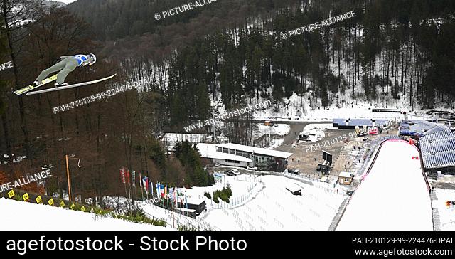 29 January 2021, Hessen, Willingen: Nordic skiing, ski jumping: World Cup, large hill, men: Kamil Stoch from Poland jumps from the Mühlenkopf hill during...