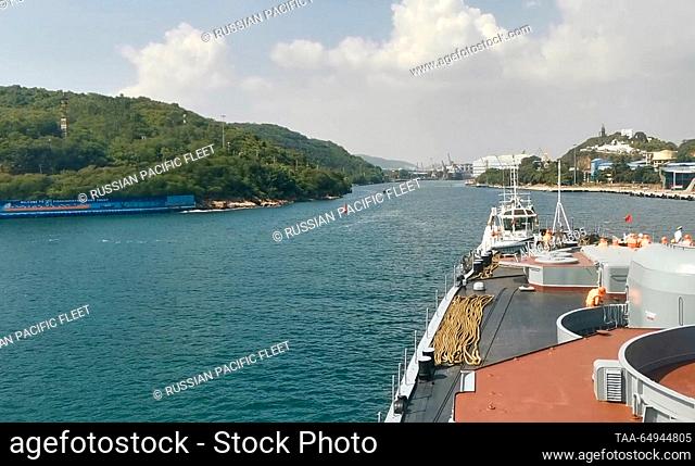 INDIA - NOVEMBER 18, 2023: A Russian Pacific Fleet warship arrives in the Indian port of Visakhapatnam with a business call. Best quality available
