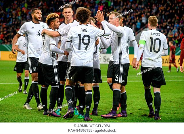Germany's U21 team cheers after the 2-1 score during the European men's Under-21 Championship qualification soccer match between Germany and Russia at the Audi...