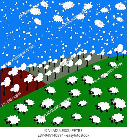 sheep and snowflakes in the mountains