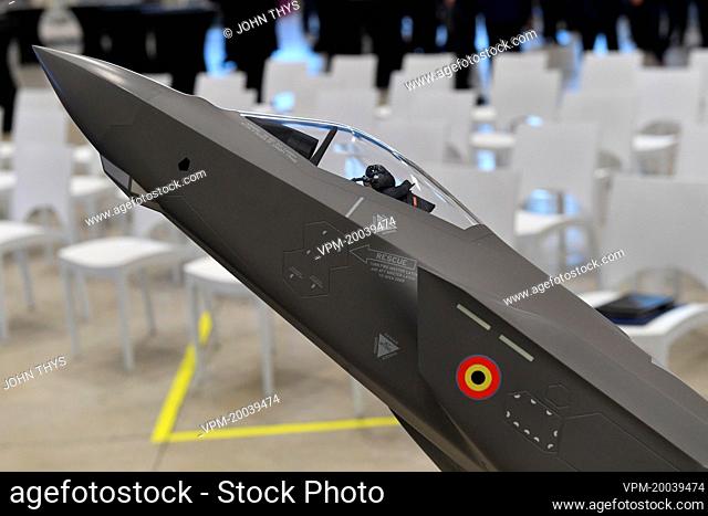 Detail of a scale model of the F-35 pictured during the inauguration ceremony of Sabca's new production hall for the horizontal tailplane of the F-35 fighter...
