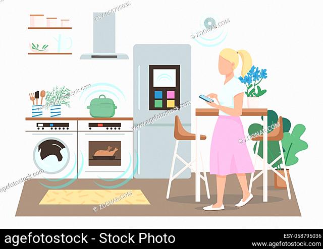 Modern housewife flat color vector faceless character. Automated household appliances remote control. Woman in smart kitchen isolated cartoon illustration for...