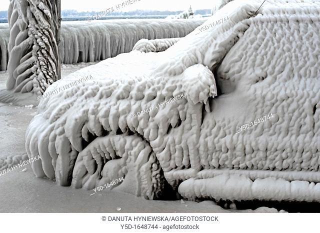 Severe winter, completely frozen car trapped in ice, Versoix, canton of Geneva, Lake Geneva region, Lake Geneva shore, Switzerland