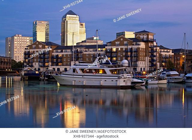 Limehouse Basin with Canary Wharf buildings in background, Tower Hamlets, London, England, UK