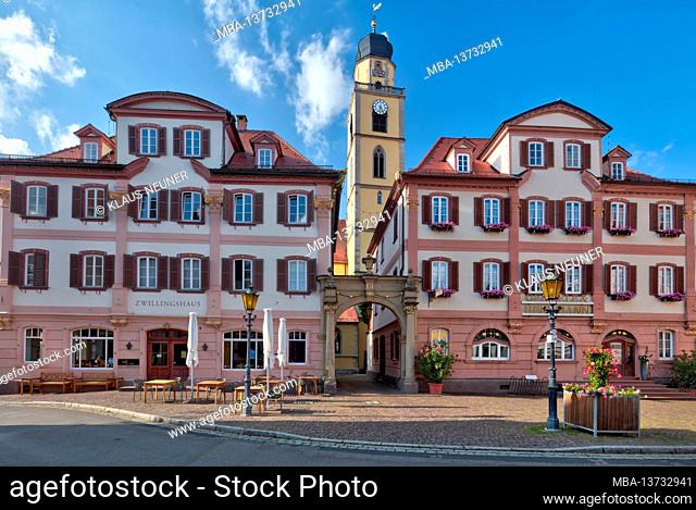 Twin houses, Minster St. Johannes, church tower, market square, facade, Bad Mergentheim, Baden-Wuerttemberg, Germany, Europe