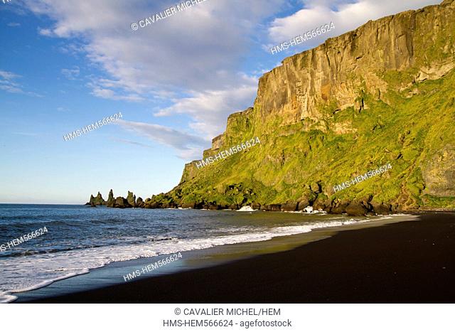 Iceland, Sudurland region, Vik, cliff and black sand beach of Vik, to the left the points of the legendary rocks of Reynisdrangar