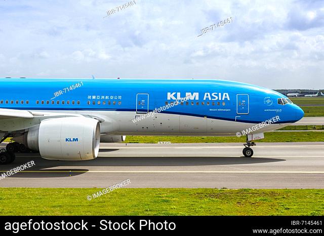 A KLM Asia Royal Dutch Airlines Boeing 777-200ER aircraft with registration PH-BQK at Amsterdam Schiphol Airport, the Netherlands
