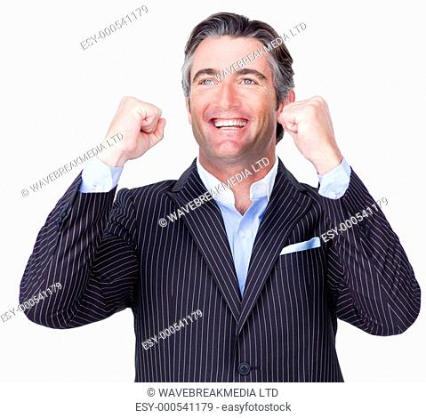 Happy Businessman throwing up his arms in the air in celebration isolated on a white background