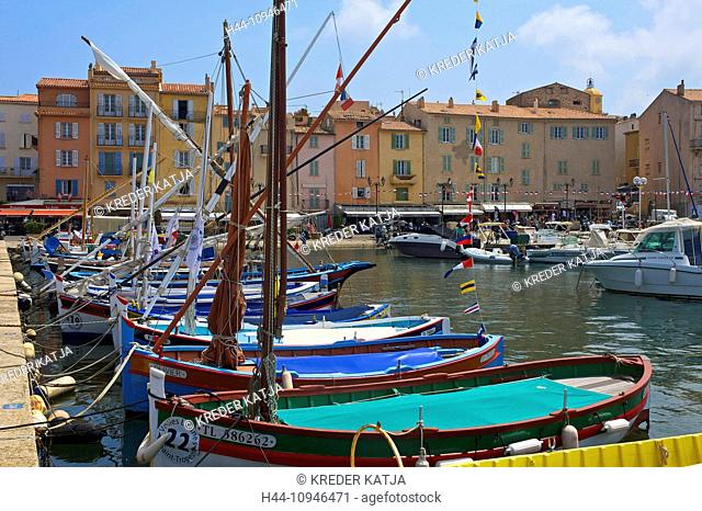 France, Europe, South of France, Cote d'Azur, Saint Tropez, fishing harbour, harbour, port, fishing boats, boats, outside, day