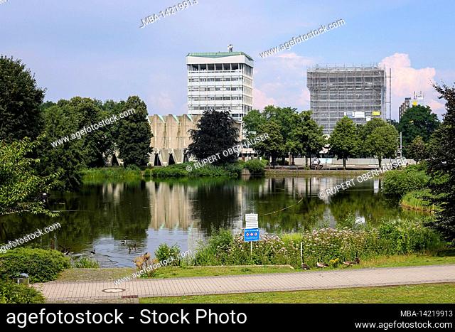 Marl, North Rhine-Westphalia, Germany - city view with town hall and sculpture museum Glaskasten at the city lake