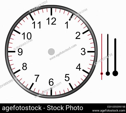 A clock illustration face with numbers hour minute and second hands isolated on white background with clipping path