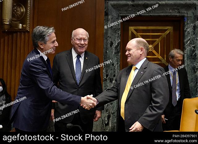 United States Senator Chris Coons (Democrat of Delaware), right, greets US Secretary of State Antony Blinken, left, before he testifies before a Senate...