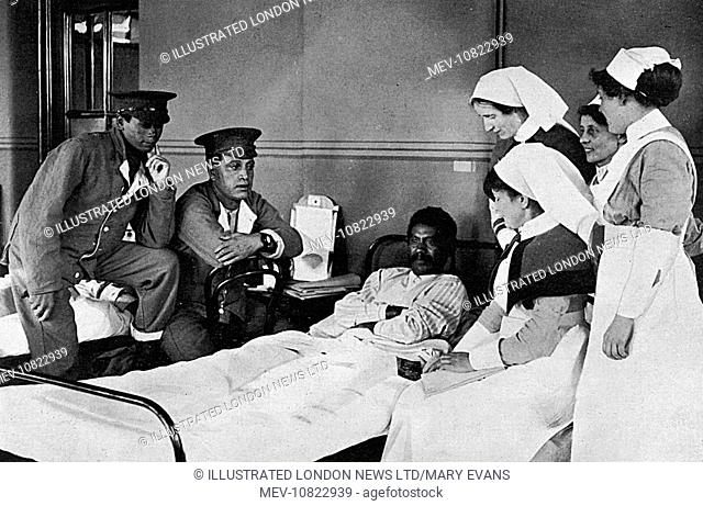 Wounded Maori soldiers, who served through the Dardanelles campaign with the Australian and New Zealand Army Corps, seen recovering from their wounds in...