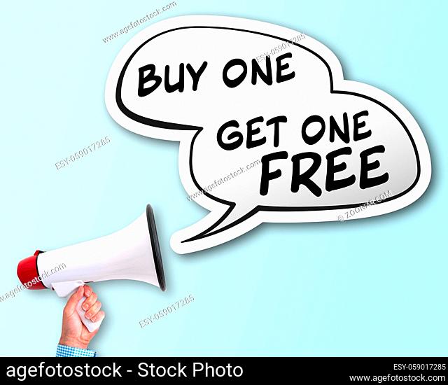 shouting BUY ONE GET ONE FREE using bullhorn, BOGO discount concept