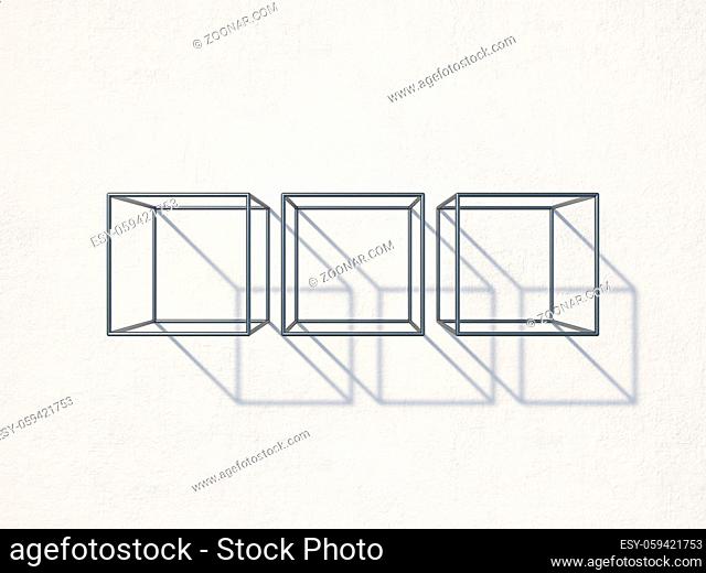 Three metal cubes like wall racks 3D render illustration isolated on white background
