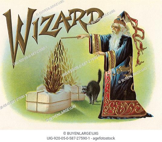 A vintage cigar label featuring a wizard using his magic wand to make tobacco rise from two bales as his familiar watches