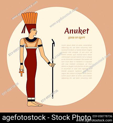 Egyptian goddess Anuket. The woman is holding a staff. On the head are ostrich feathers. Ankh. Vector illustration. Vector illustration with place for the text