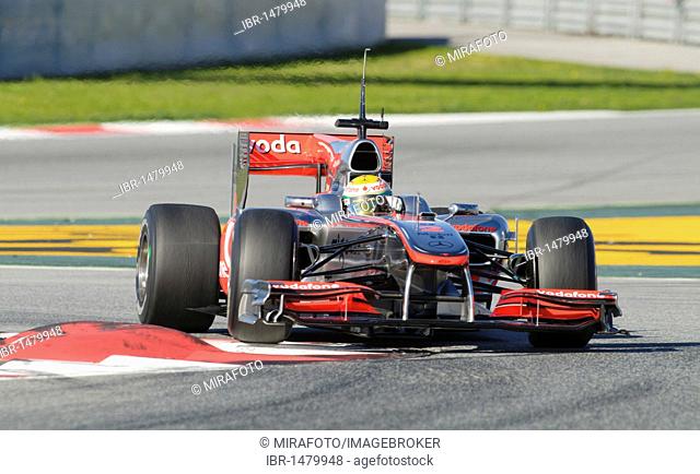 Lewis Hamilton, GB, in the McLaren MP4-25 racing car during Formula 1 tests at the Circuit de Catalunya racetrack, Spain, Europe
