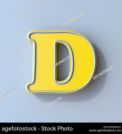 Yellow cartoon font Letter D 3D render illustration isolated on gray background