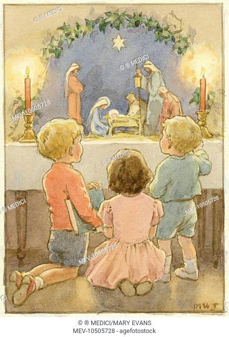 'The Chidren's Crib' - 3 children looking at model crib scene. Christmas card