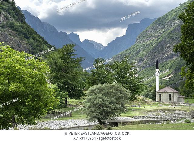 A village mosque at Dragobi in the Valbona River Valley, part of the Valbona National Park, in North eastern Albania,