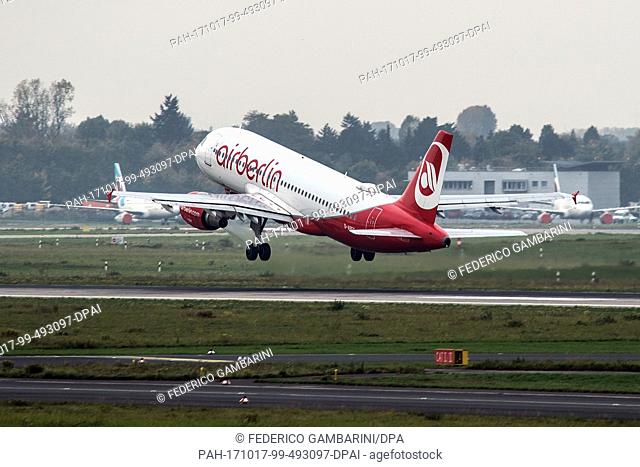 An Air Berlin plane takes off from the airport in DÃ¼sseldorf, Germany, 17 October 2017. The last flight of the bankrupt German aviation concern is scheduled to...