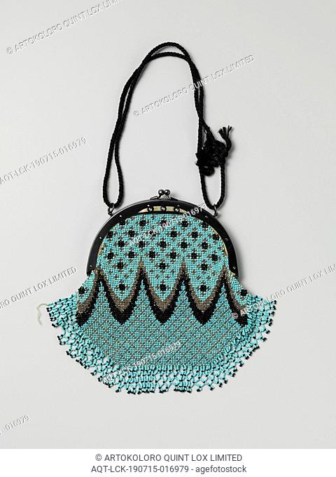 Bracket bag with a semicircular iron bracket, on which a bag with a pattern of light blue beads, silver-colored steel beads and black gits