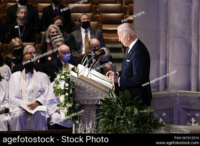 United States President Joe Biden delivers a tribute at the memorial service honoring former US Senator Bob Dole (Republican of Kansas) at the Washington...